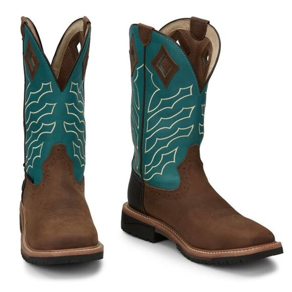 JUSTIN BOOTS | Derrickman Waterproof Steel Toe Western Boots Turquoise Size 9 D main image 4